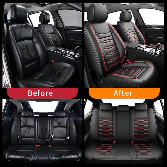 Fit Accord Car Seat Covers for Honda Accord 2003-2024 2025 2026 - Upgraded Premium Waterproof & Breathable Leather, Airbag Compatible, All-Weather Seat Cushion Protector (Full Set, Black+Red)
