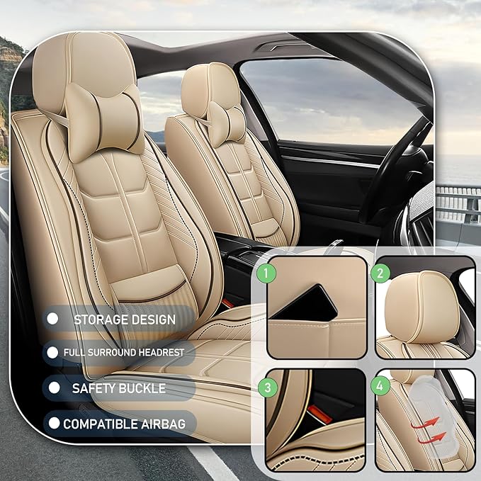 Leather Car Seat Covers Fit for Toyota Corolla Hybrid 2020-2024, 5 Seater Car Seat Cover, Premium Waterproof, Scratch Resistant Car Interior Accessories (Full Set with Pillow Beige)