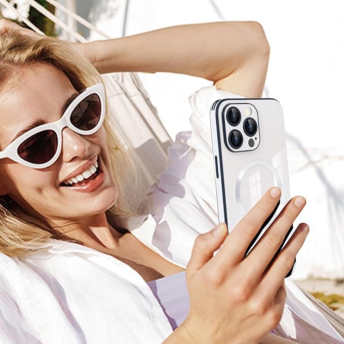 Guppy Compatible with iPhone 14 Pro Max Case Magnetic, with Full Camera Lens Protector [Compatible with MagSafe] Scratch Resistant Gradient Glass Back Cover Phone Case-White