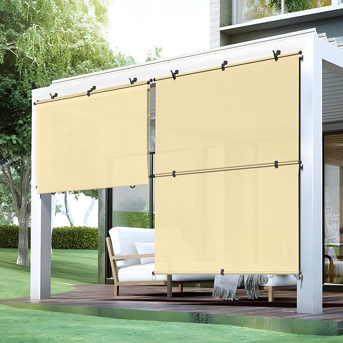 Bynbbur 6'W x 8'H Outdoor Patio Shades Foldable Roller Blinds, 220 GSM Sun Shade Roll Up Porch Screens Exterior Shade Cloth for Deck Pergola Backyard, Beige