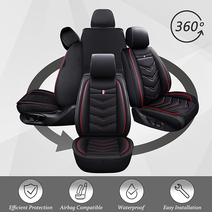 Car Seat Cover 6 Seats for Ford Explorer 2000-2026, Waterproof Durable Compatible Airbag, Premium Leather Seat Protector(6 Seats Standard,Black Red)