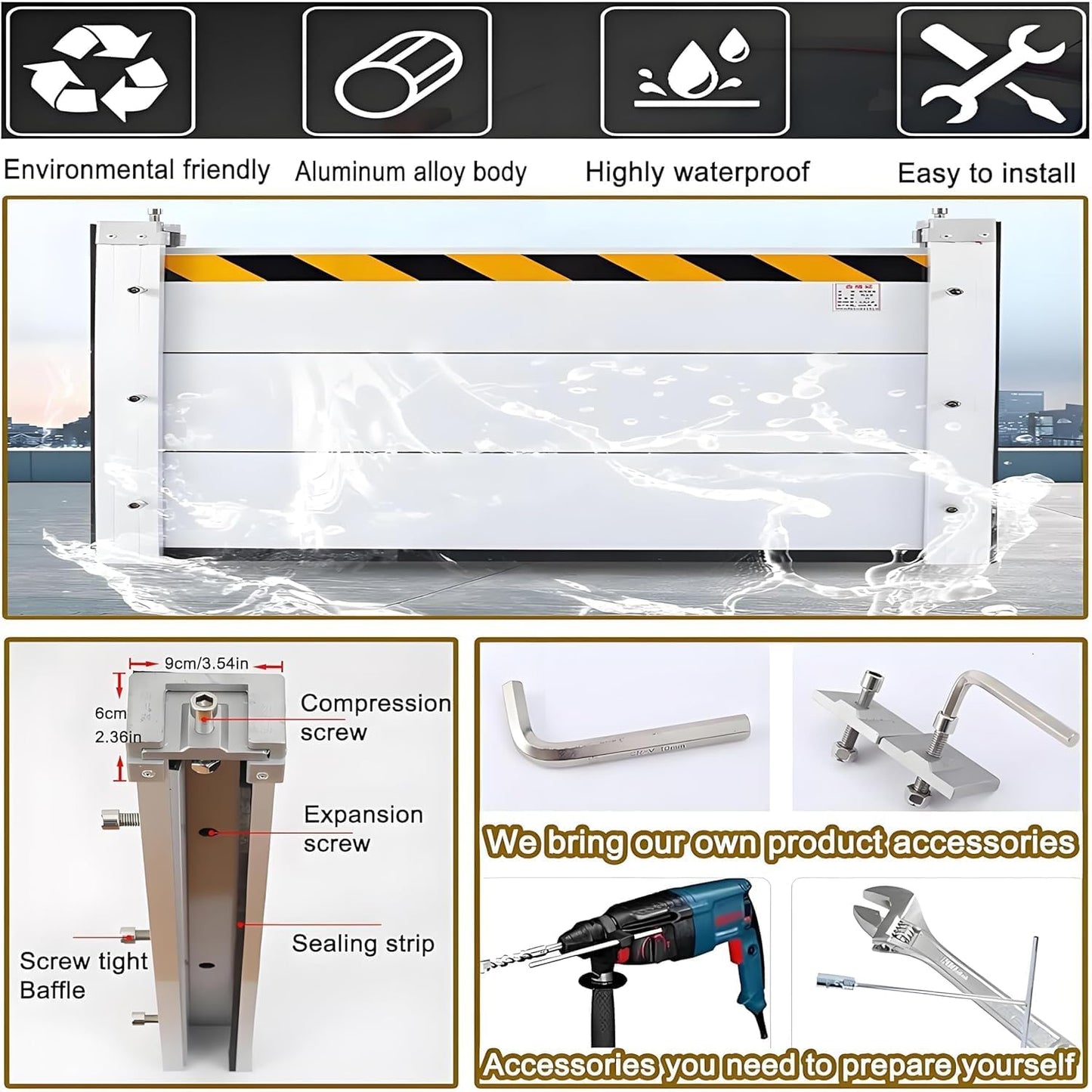 Flood Barriers for Home Exterior - Aluminum Alloy Outdoor Easy Flood Barrier Garage Doors Water Barriers for Flooding,H15.7 Inch/L18FT