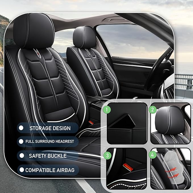 Leather Car Seat Covers Fit for Toyota Corolla Cross 2022-2024, 5 Seater Car Seat Cover, Premium Waterproof, Scratch Resistant Car Interior Accessories (Full Set Black White)