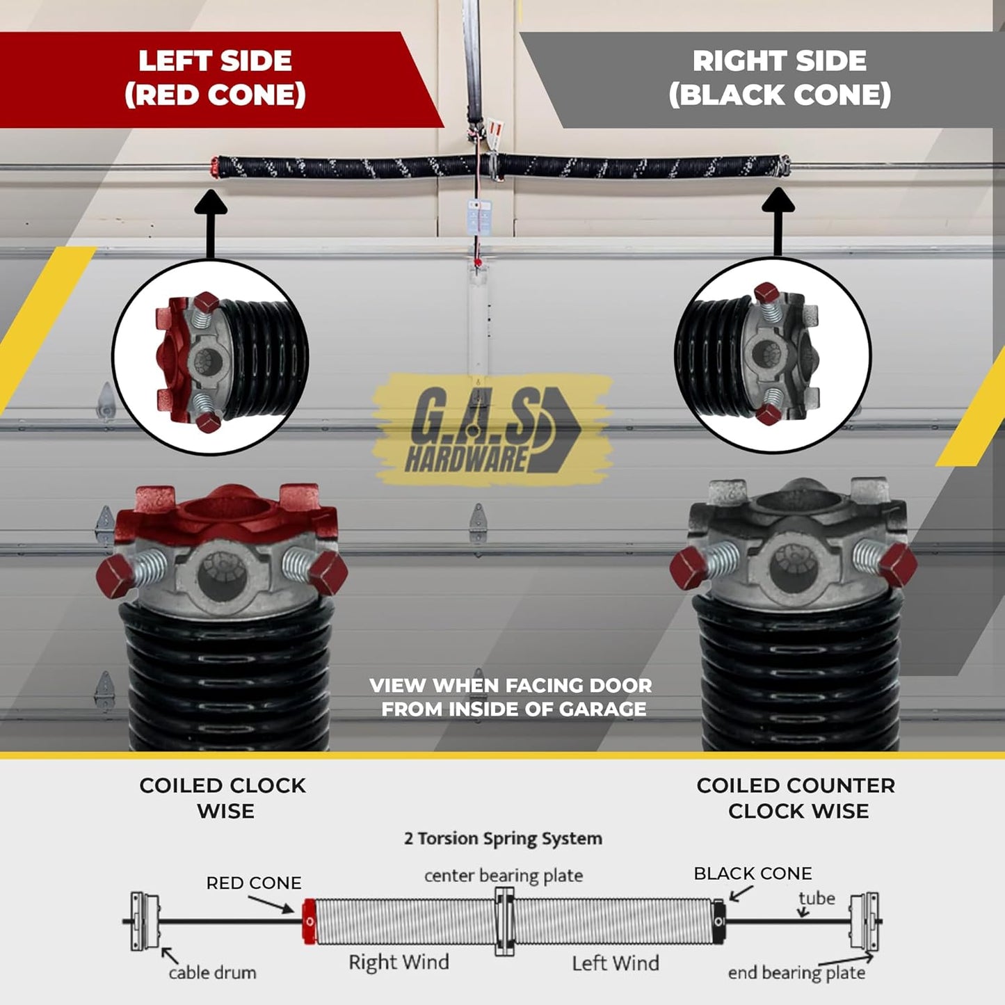 Garage Door Torsion Spring 273x2x36 Torsion Springs for Left Side of Garage Door with 1" Steel Bearing, Gloves, and Winding Bars Precision E-Coating 5-Year Warranty Minimum 30,000 Cycles (Red Cone)