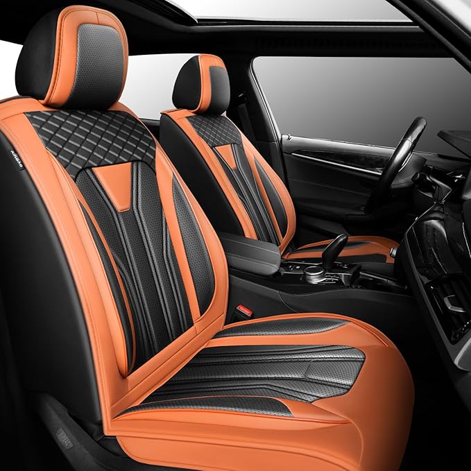 Fit Versa Car Seat Covers Compatible with Nissan Versa 2008-2025 2026 - Premium Leather， Waterproof Breathable， All-Weather Seat Cushion Protecto&Airbag Compatible (2 Front Seat Orange&Black)