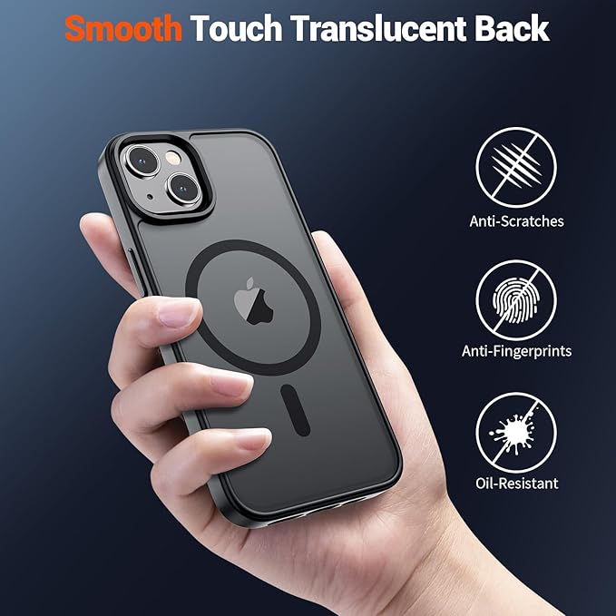 SUPFINE Magnetic for iPhone 14 Case & iPhone 13 Case (Compatible with MagSafe)(Military Grade Drop Protection) Translucent Matte Shockproof Phone Cover,Black