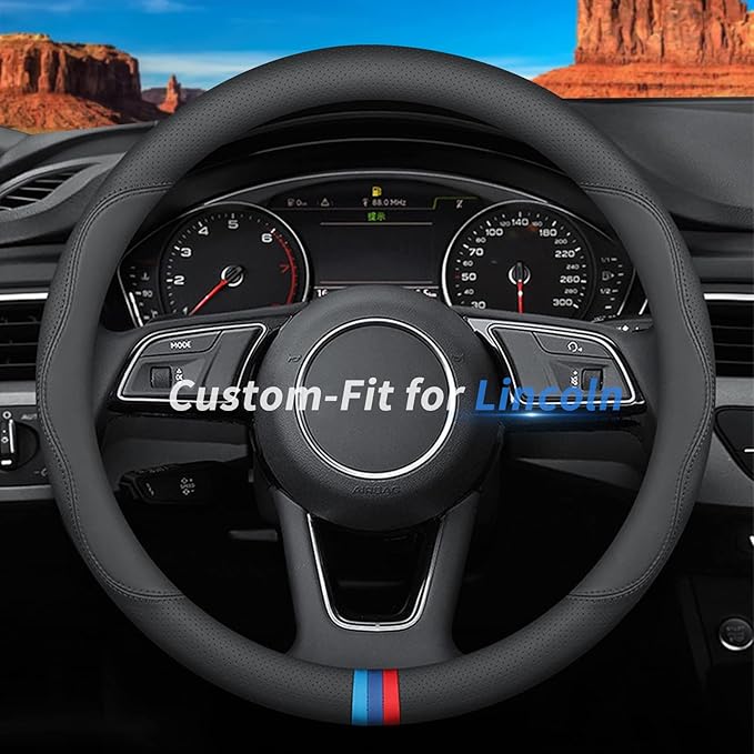 Custom-Fit for Lincoln Steering Wheel Cover, Premium Leather Car Steering Wheel Cover with Logo, Non-Slip, Breathable, for Lincoln Accessories (D-Style,for Lincoln)