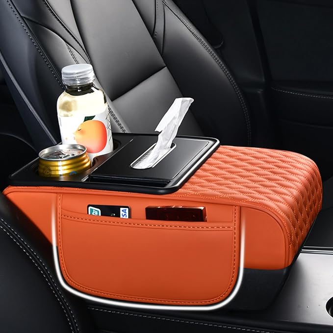 5-in-1 Car Armrest Pad Cushion, Water Ripple Embossed Center Console Booster Pad with Tissue Box, Cup Holder, Storage Bag, Phone Slot, Fit for Most Sedan Vehicles (Water Ripple Series, Black)