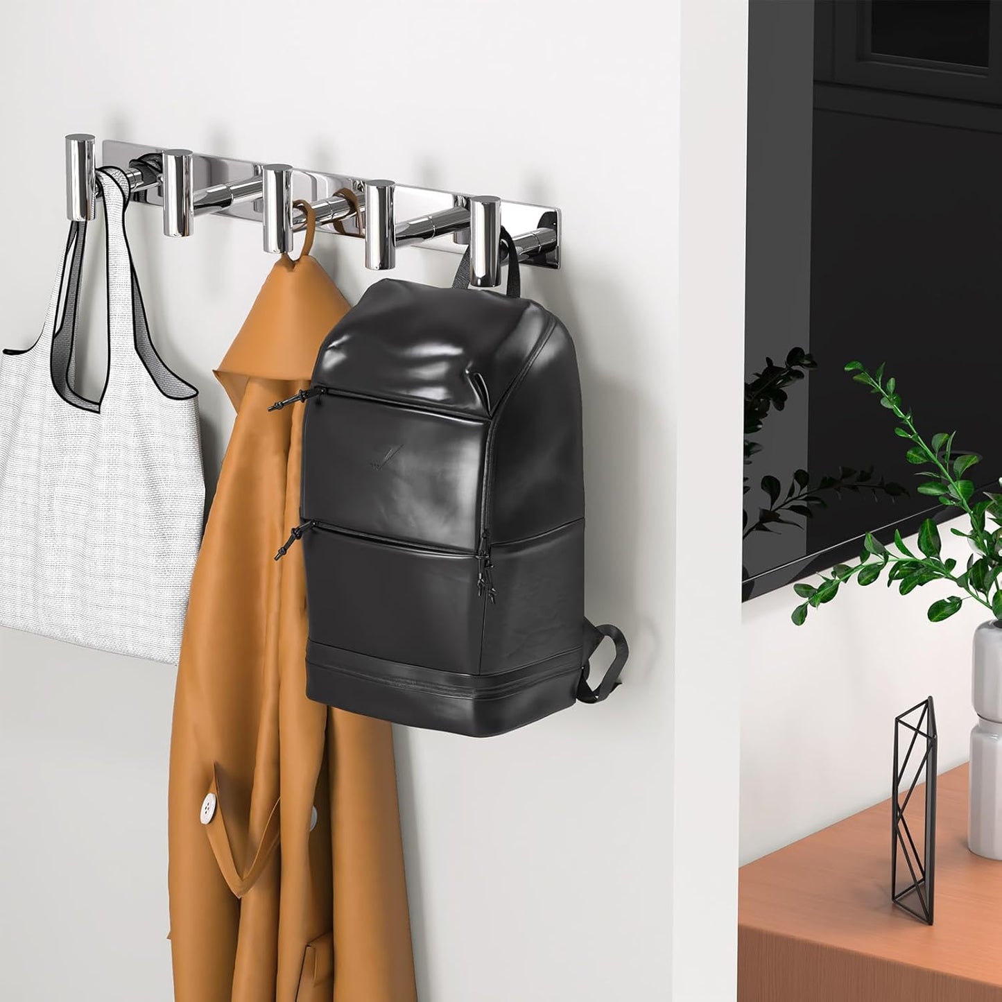 Wall Mounted Coat Rack-5 Hooks, Heavy Duty Stainless Steel Hook Rail for Towel Coat Hat Purse Bag Jacket, Towel Hooks for Entryway Bathroom Kitchen (Glossy 5 Hooks - 1 Pack)