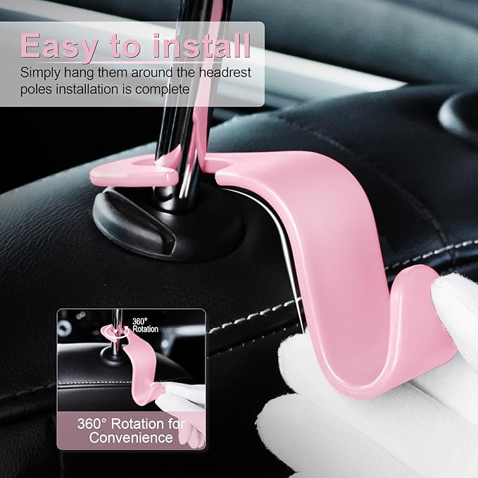 LivTee Car Seat Headrest Hook, Auto Seat Hook Hangers Storage Organizer Interior Accessories for Purse Coats Umbrellas Grocery Bags Handbag, 4-Pack - Pink
