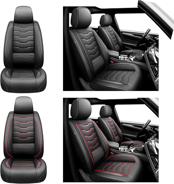 Fit Rogue Car Seat Covers Compatible with Nissan Rogue 2011-2025 2026 - Premium Leather， Waterproof Breathable， All-Weather Seat Cushion Protecto&Airbag Compatible (2 Front Seat Red Line Black)