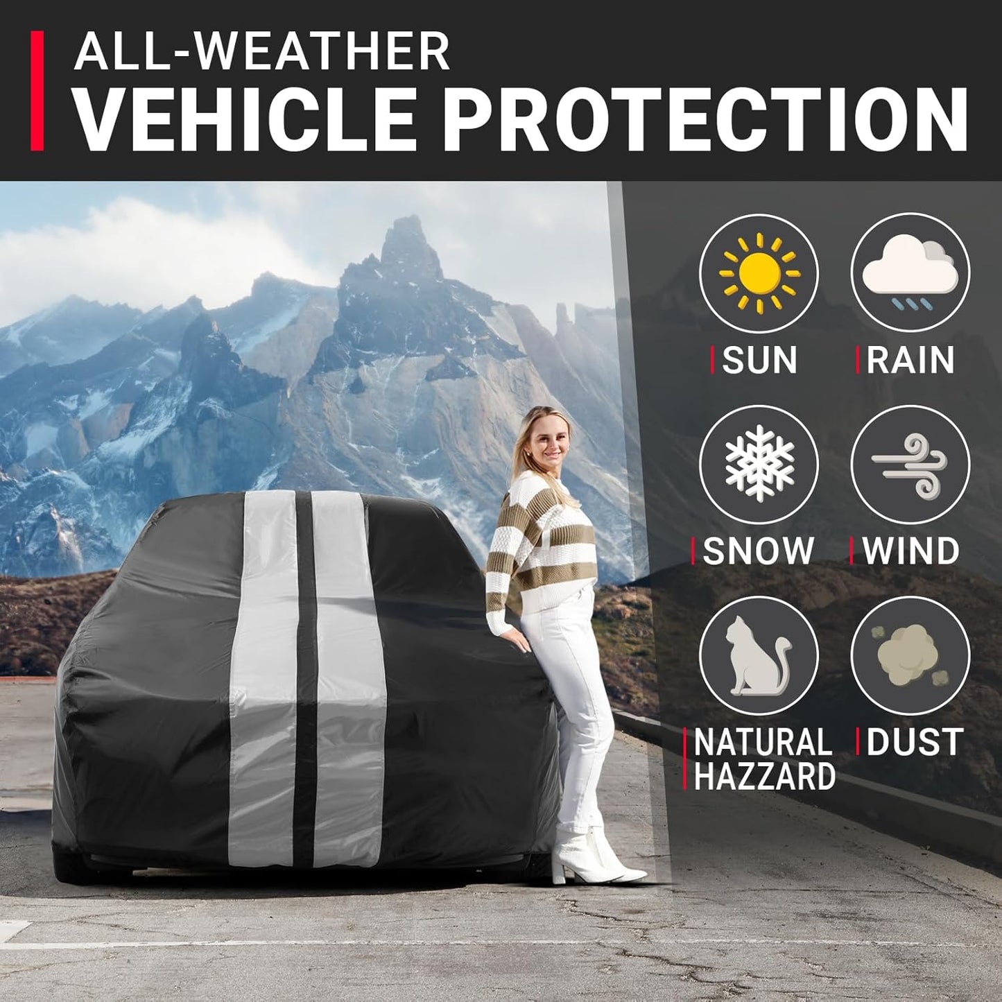 iCarCover Custom Car Cover for Pontiac Chieftain Wagon (1955-1958) Waterproof All-Weather Rain Snow UV Sun Protector Full Exterior Indoor Outdoor Car Cover (Stripe - Black/Gray)