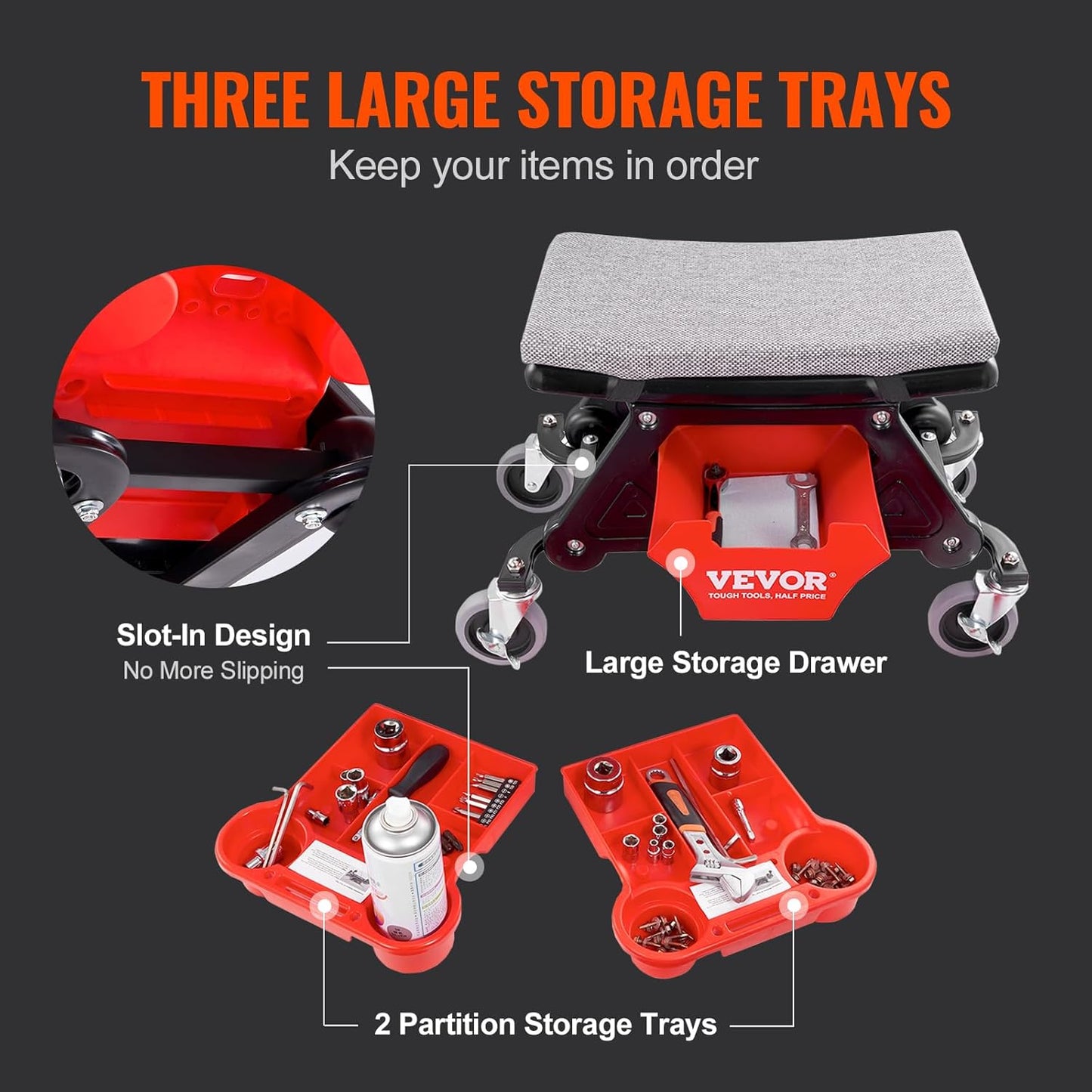 VEVOR Mechanic Stool 300 LBS Capacity Garage Stool Gift for Men, Heavy Duty Rolling Mechanics Seat, with Three Slide Out Tool Trays and Drawer, Tools for Automotive Auto Repair