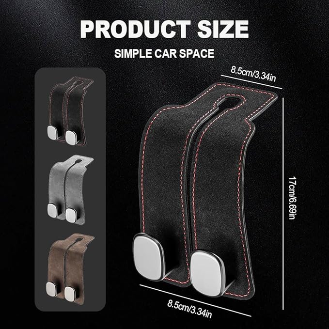 2026 New 2 in 1 Car Seat Back Storage Hook, Car Backseat Organizer Accessories, Premium Leather Headrest Hook for Auto Hooks Organizer for Handbag Purse Coat Bags (2, Grey)