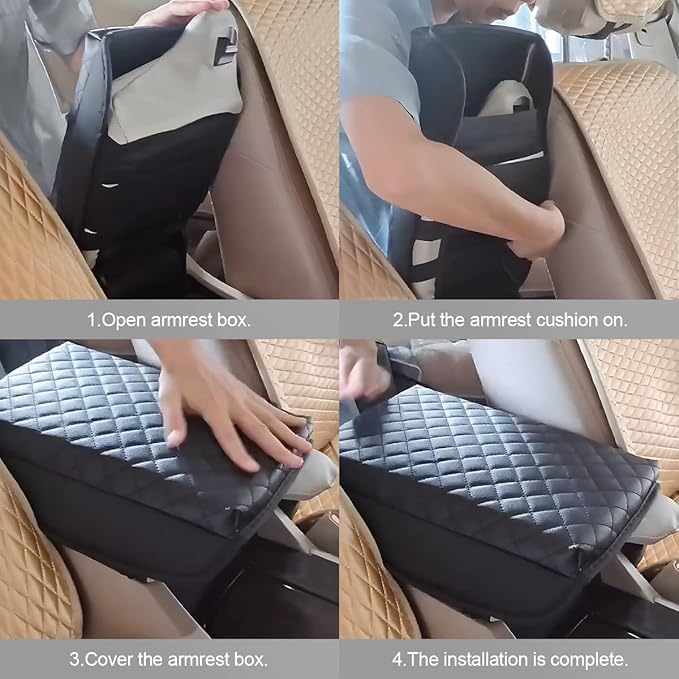 zipelo Car Armrest Cushion, Carbon Fiber Leather Auto Center Console Pad, Memory Foam Armrest Box with Storage Bag, Hand Rest Pillow with Organizer Pockets, Universal Fit for Most Vehicles (Beige)