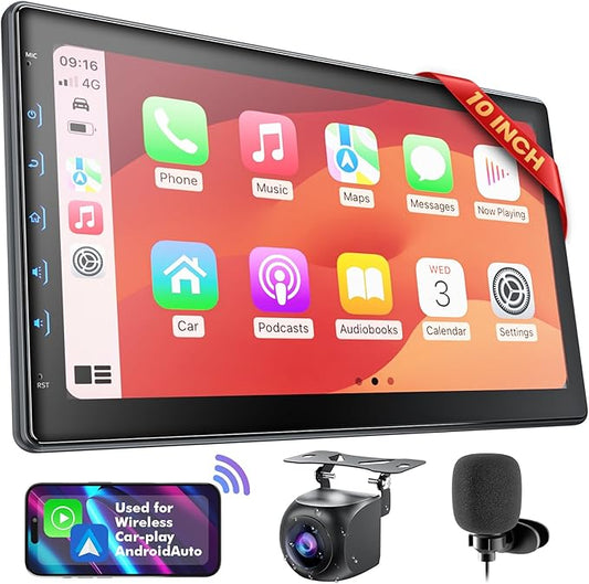 10 Inch IPS Touch Screen Double Din Car Stereo Compatible with Wireless Carplay, Android Auto, Mirrorlink - Car Radio Audio Stereo Receiver with Bluetooth, FM, 720P Backup Camera