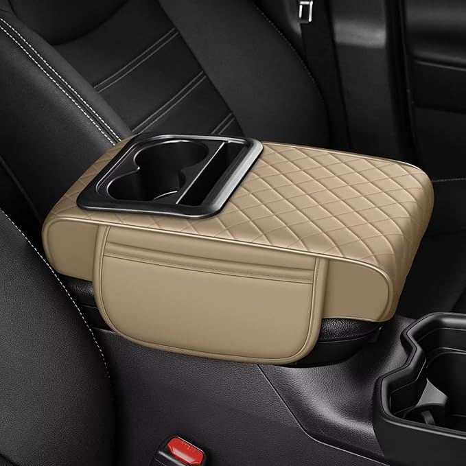 Center Console Cover Fit for Venza Faux Leather Car Armrest Cushion with Storage Bags, Cup Holder ＆ Phone Storage Multifunctional Middle Console Cover(Beige)