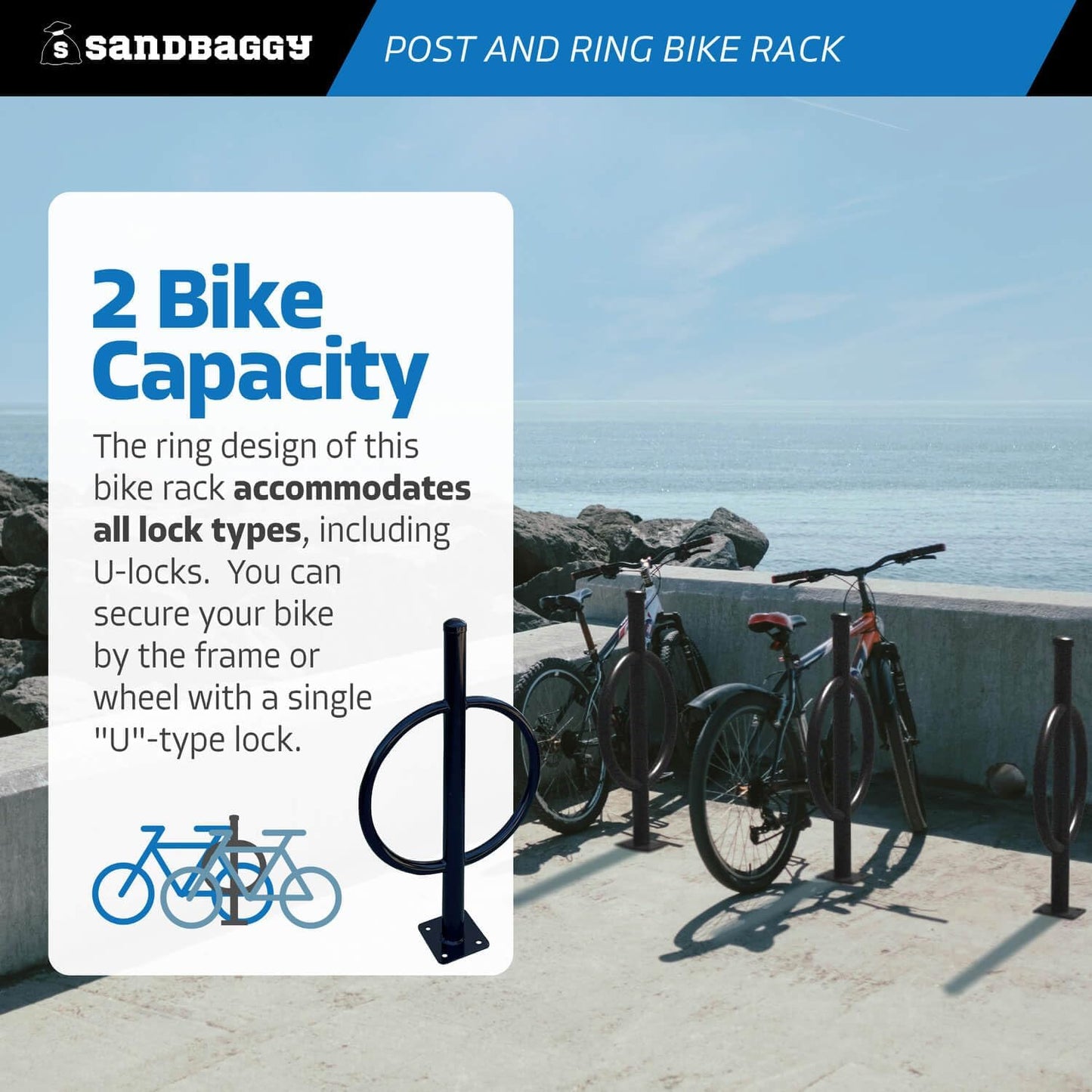 Sandbaggy Post and Ring Bike Rack - Commercial Bike Racks - Galvanized Steel - Anti-Theft Design - In Ground, Apartments, Sidewalks, Industrial (Blue, 20)