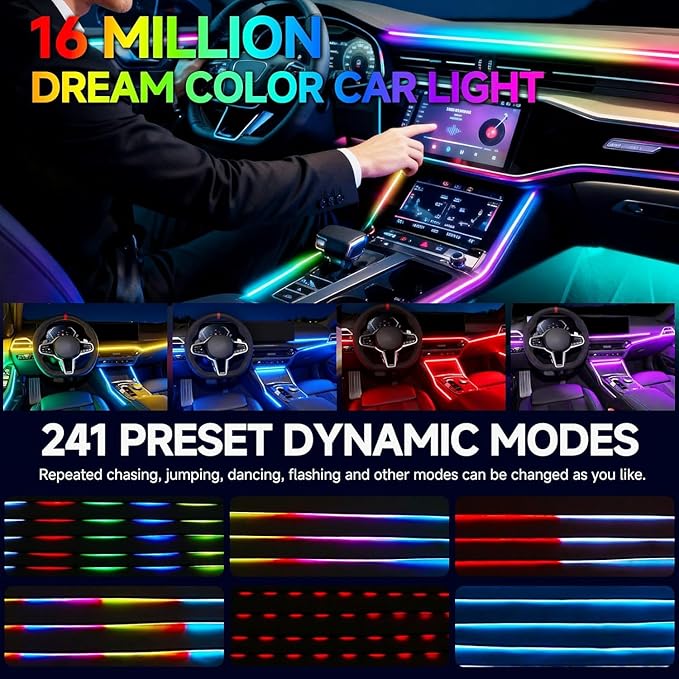 Acrylic Interior Car LED Strip Light with APP Remote Control,235 inches 8 in 1 RGB Dreamcolor Neon Flexible Strip Fiber Optic LED Ambient Lighting Kits,RGB Music Lights Sync for Inside car Decorations
