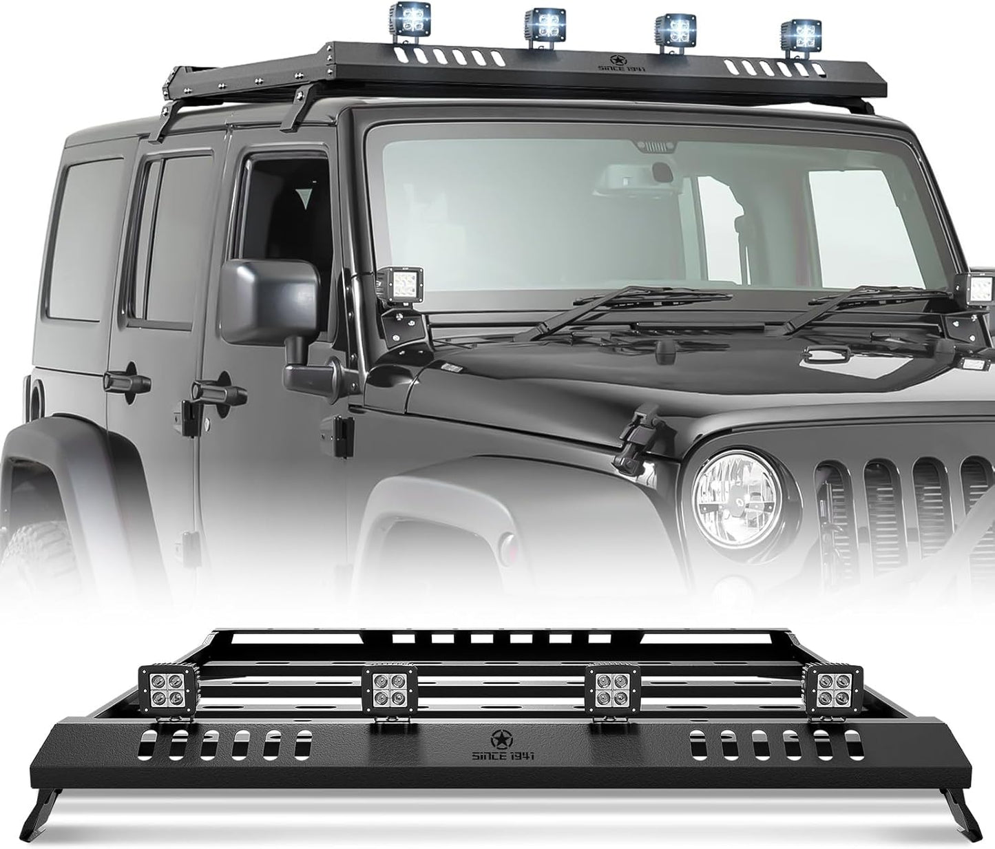 Roof Rack Cargo Basket with 4 PCS LED Light Bar Compatible with 2007-2024 Jeep Wrangler JK JL Unlimited & Gladiator JT 4 Doors Hardtop Model, JKU JLU Luggage Storage Carrier Rooftop Racks