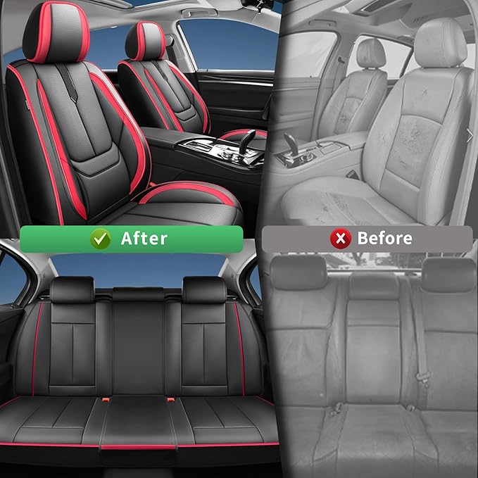 Fit Accent Car Seat Covers for Hyundai Accent 2006-2025 2026 -Upgraded Premium Waterproof & Breathable Leather,Airbag Compatible,All-Weather Seat Cushion Protector,Full Set,Black-Red