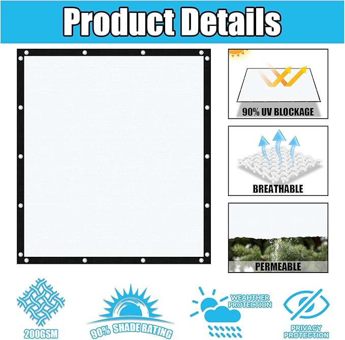 Amagenix 90% Pergola Shade Cover 5' X 10' Sun Shade Cloth with Grommets for Outdoor Garden Patio Porch, Commercial Grade 200 GSM - Cable Zip Ties Included (We Customized) GN108, White