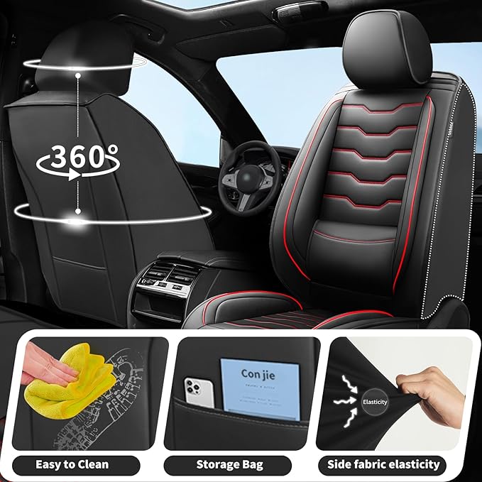 Fit Sentra Car Seat Covers Compatible with Nissan Sentra 2001-2025 2026 - Full Set Premium Leather， Waterproof Breathable， All-Weather Seat Cushion Protecto&Airbag Compatible（Red Line Black