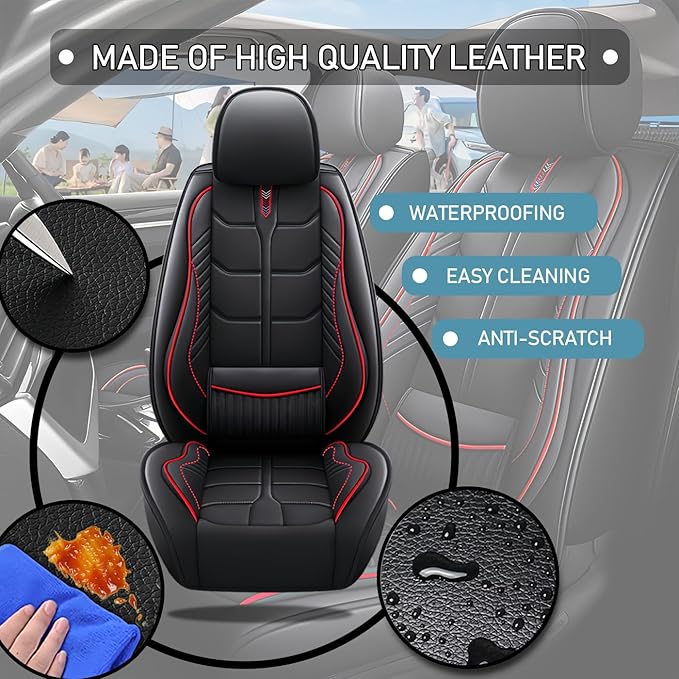 Leather Car Seat Covers Fit for Toyota Corolla Hatchback 2019-2024, 5 Seater Car Seat Cover, Premium Waterproof, Scratch Resistant Car Interior Accessories (Full Set Black Red)