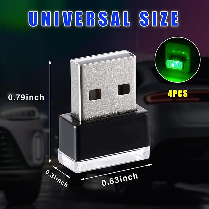 Augeny 4 PCS USB LED Car Interior Atmosphere Lamp, Plug-in USB Decor Night Light, Portable Auto Ambient Lighting Kit, Universal Vehicle Interior Accessories for Most Cars (Green)