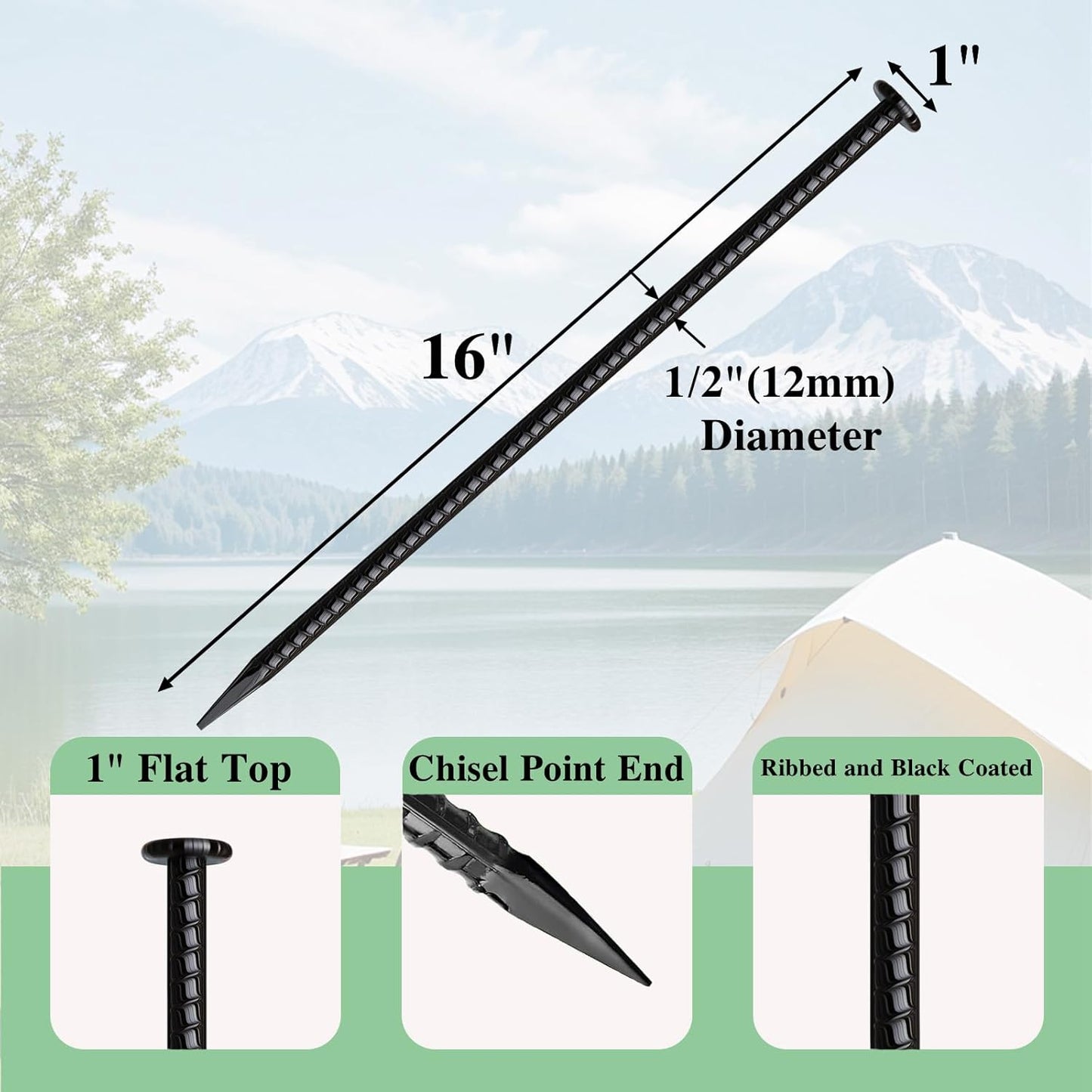 16 Inch Rebar Stakes 20 Pack Heavy Duty Ground Anchors 1/2 Inch Diameter Galvanized Steel Asphalt Anchoring Metal Spikes for Speed Bump, Parking Curb and Camping Tent