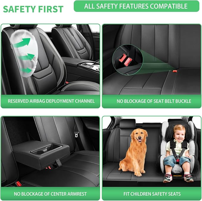 Fit Kona Car Seat Covers for Hyundai Kona 2018-2024 2025 2026 -Upgraded Premium Waterproof & Breathable Leather,Airbag Compatible,All-Weather Seat Cushion Protector,Full Set,Black-Grey