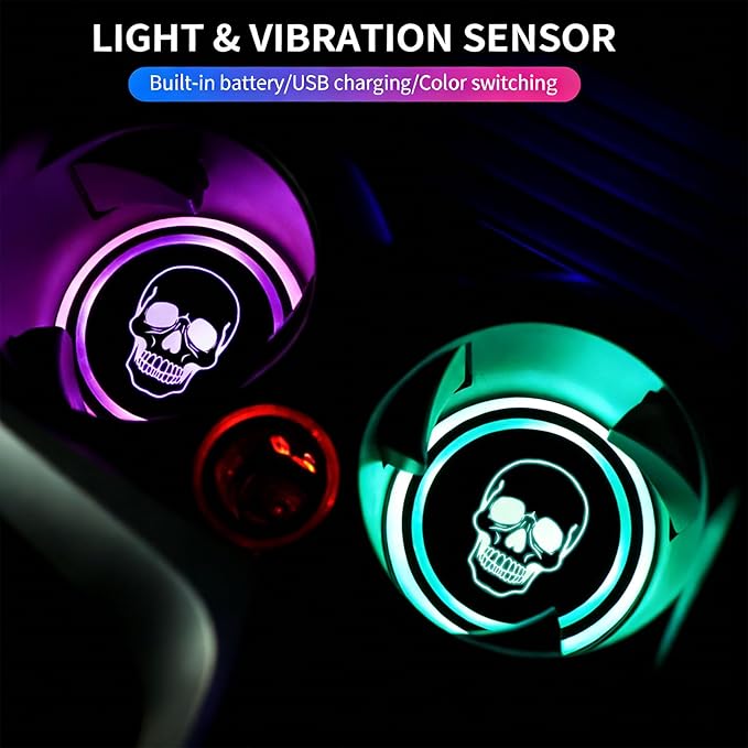 Skeleton LED Cup Holder Lights for Car,2Pcs LED Light Up Cup Holder Coasters with USB Charging 7 Colors 3 Modes,Waterproof Interior Atmosphere Lamp,Car Decor Accessories Skull Gifts for Women Men