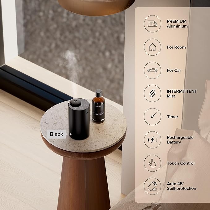 Airversa Waterless Essential Oil Diffuser for Home Aromatherapy Scent Diffusers with 3 Countdown Timer Settings or Timer-Off, 3 Mist Levels for Car Room Studio Office, ANX Premium Metal Black