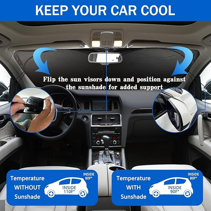 Car Windshield Sun Shade, Funny Eyes Visor for Car Windshield, Wear-Resistant Black Tape, Foldable 59‘’x27.5‘’/63''x31.5''