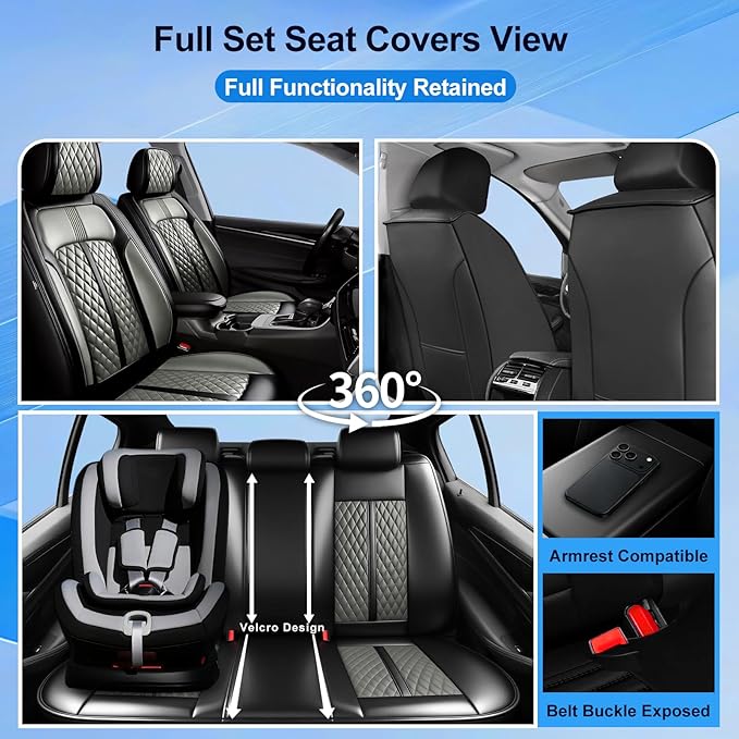 Fit Bolt Car Seat Covers for Select Chevrolet Bolt/Bolt EUV 2017-2025, Premium Full Coverage Leather, Airbag Compatible, Waterproof All Weather Seat Cushion Protector, Front Pair Black+Gray