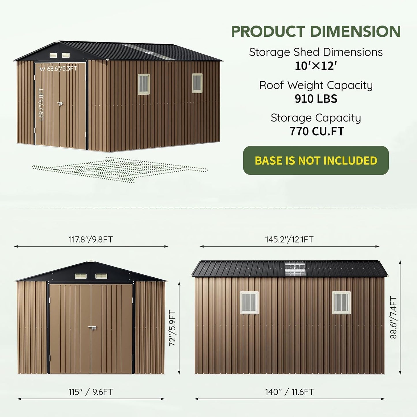 10x12 FT Outdoor Metal Storage Shed, Double Swing Doors, 2 Clear Windows, Replaceable Skylight Roof Panel, Tool Shed for Garden, Patio, Backyard Brown