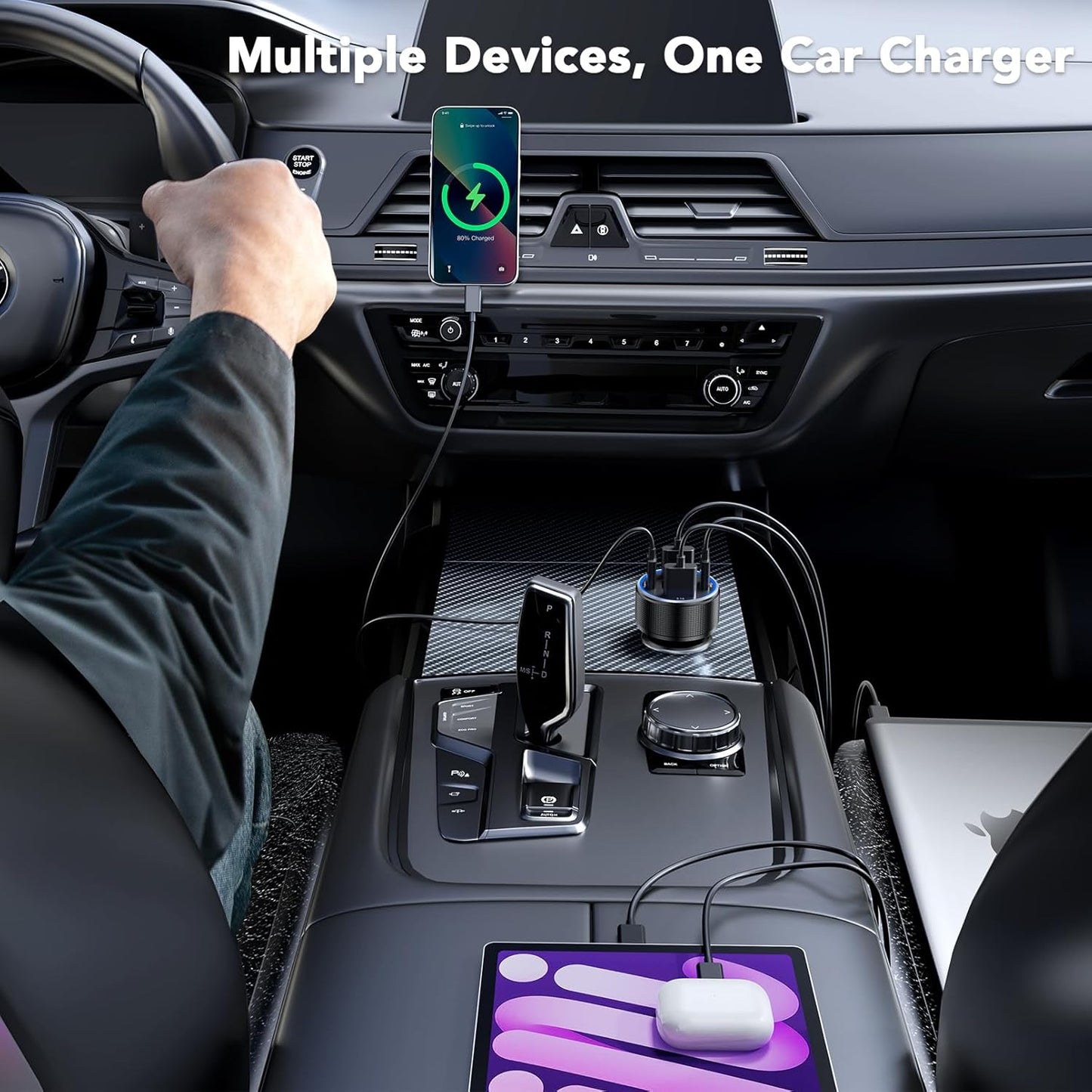 iPhone 16/15 Car Charger Adapter, 78W 4 Port USB C Car Charger with Voltmeter Fast Charging for iPhone 16 Pro/15/14/13, Samsung Galaxy, iPad