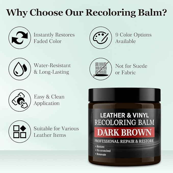 Leather Color Restorer, Leather Recoloring Balm, Scratch Remover, Leather Dye, Leather Paint, Leather Repair Kit for Furniture Couches Car Seats Shoes Bags, Dark Brown