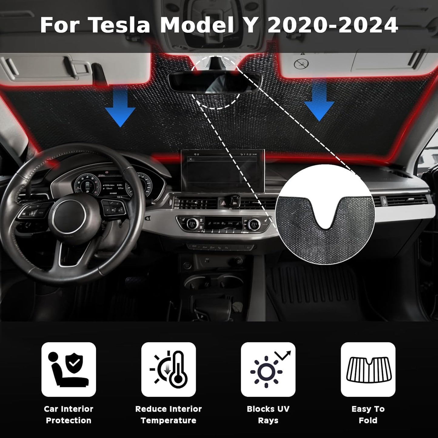 Windshield Sun Shade for Tesla Model Y 2020-2024 - 5-Layer Bubble Accordion Foldable Front Window Shade Sun Visor Accessories - Blocks Heat & UV Rays