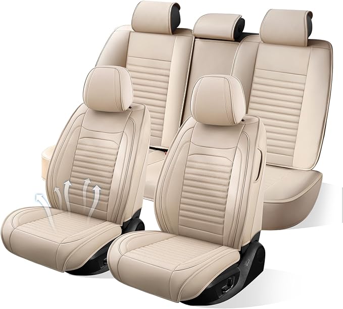 Car Seat Covers Full Set Fit for Toyota Yaris 2007-2020, Premium Faux Leather Car Seat Protector,Breathable Anti-Slip Full Wrapping Edge Seat Covers(Beige,Full Set)