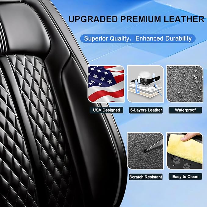 Fit Malibu Car Seat Covers (Front Pair) for Select Chevrolet/Chevy Malibu 2009-2025 - Full Coverage Leather, Airbag Compatible, Waterproof & All Weather Seat Cushion Protector, Black
