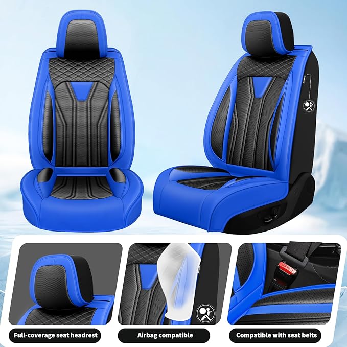 Fit Prius Car Seat Covers for Toyota Prius 2001-2026 -Premium Leather, Waterproof Stain-Resistant, Breathable，All-Weather Seat Cushion Protecto & Airbag Compatible, 2 Front Seat Blue & Black