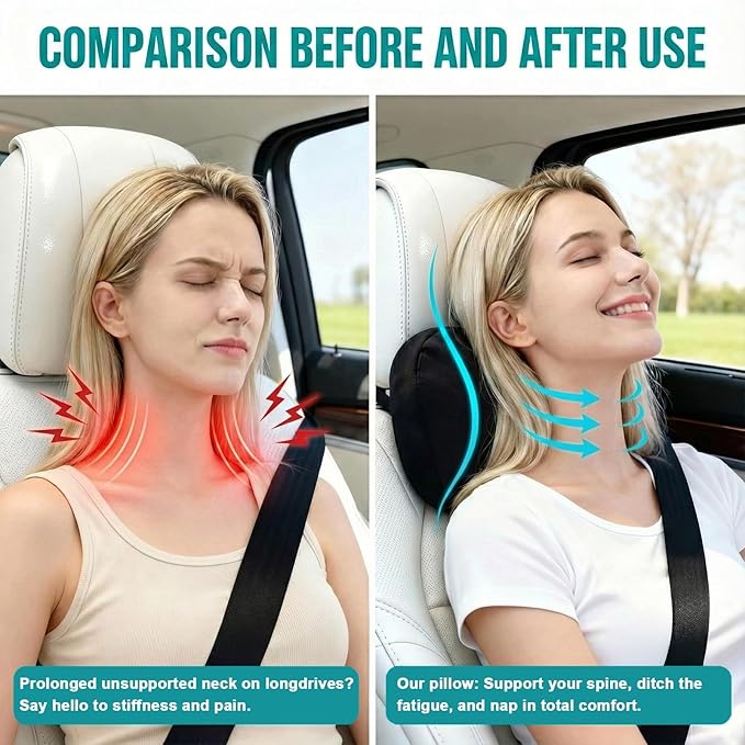 2PCS Car Pillow for Car Neck Pillow for Driving Seat Neck Support Soft Cushion Back Support Head-Rests for Vehicle Sleeping with Elastic Adjustment Strap (Golden, Head and Lumbar)