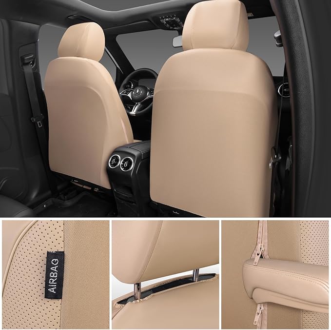 CAR PASS 3D Foam PU Leather Car Seat Covers, Universal Seat Covers Front 2 for Trucks SUV Sedan Automotive Seat Covers Armrest Airbag Compatible Waterproof Comfortable Faux Nappa Leather All Beige