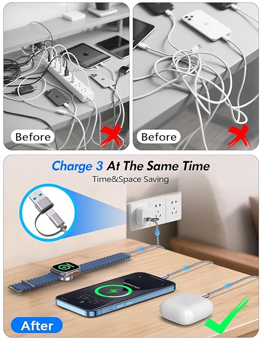 1Pack Multi Charging Cable Cord for Travel Essentials,Apple Watch Charger,iPhone Charger,[3-in-2] Type C/L Cable Portable Designed for iWatch,iPhone 17-8,Galaxy S25-21,AirPods,iPad-4FT Gray