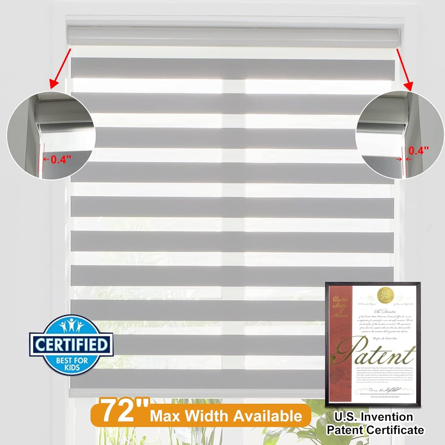 Persilux Cordless Zebra Blinds for Windows (58" W X 72" H, Grey) Free-Stop Roller Windows Shades Dual Layer Light Control for Day and Night, Light Filtering Sheer Shades for Home