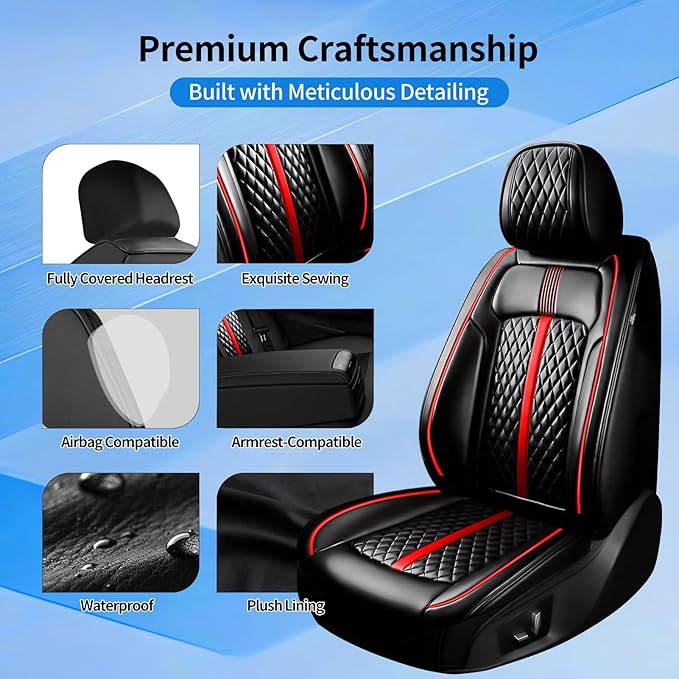 Fit Colorado Car Seat Covers (Front Pair) for Select Chevy/Chevrolet Colorado 2015-2026 - Premium Full Coverage Leather, Waterproof & All Weather Seat Cushion Protector, Black with Red Trim