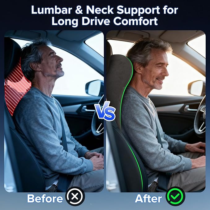 Lumbar Support Pillow for Car with Headrest, Memory Foam Cushion for Back & Neck Support, Muscle Fatigue Relief, Full-Length S-Curve Support for Long Drives, Fits Cars, SUVs, Trucks