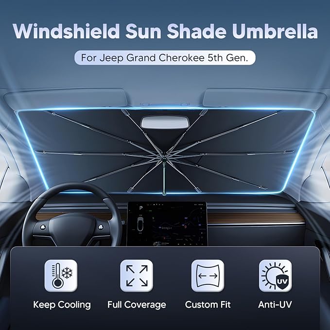 Autorder Windshield Sun Shade Umbrella for 2022-2026 Jeep Grand Cherokee Accessories,Upgraded Ice Crystal Material,Easy Setup Umbrella Sunshade for Car Windshield,100% Sun Blocking