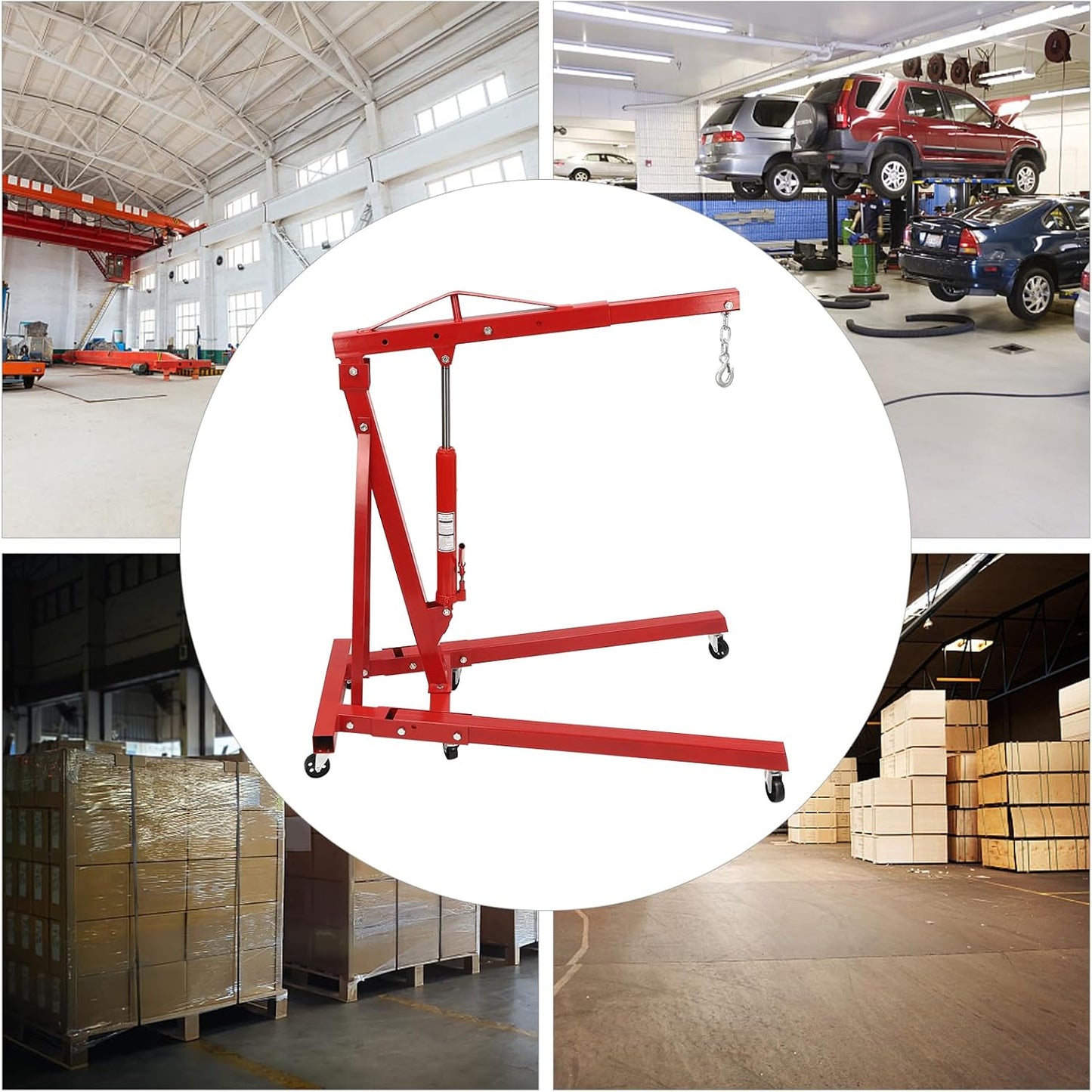 2 Ton(4409lbs) Folding Engine Hoist Heavy Duty Carbon Steel Hydraulic Shop Engine Crane Cherry Picker Shop Crane Hoist Lift with 6 Iron Caster Wheels for Car Fixing Workshop Garage (Red)
